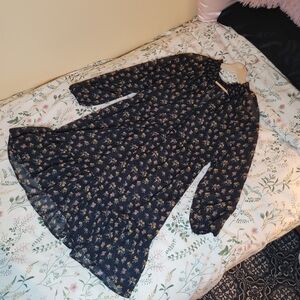 Black Sheer Floral Long Sleeve Ruffled Hem Dress